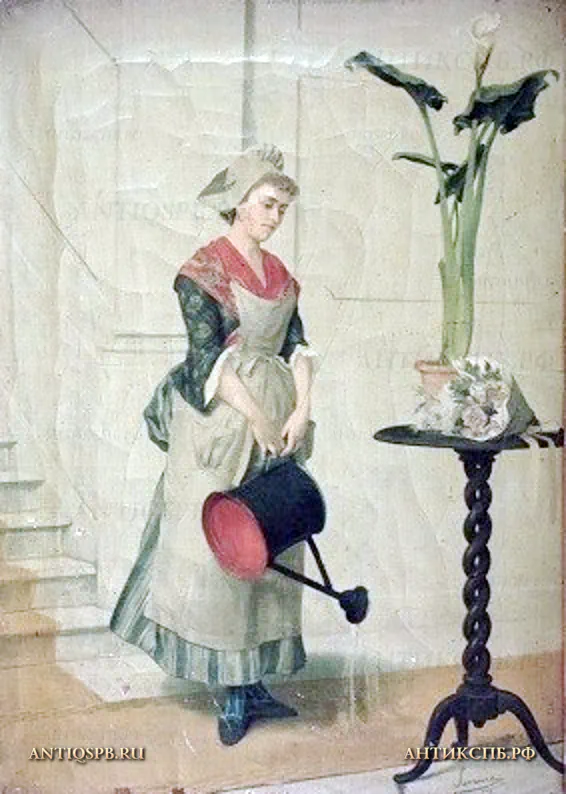 Картина старинная "Девушка с лейкой". Serrure Auguste (Огюст Серрюр (1825-1903)). Европа. Кон ХIХ -нач. ХХ века. №20322